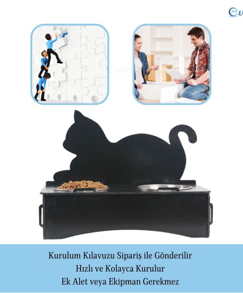 Ahşap Kedi Mama Kabı Standı Premium Siyah Boyalı Paslanmaz Çelik Kaseli Kedi Figür Arkalıklı Model